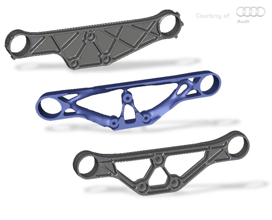 Topology optimization of an Audi bracket: original part, optimized layout and final design